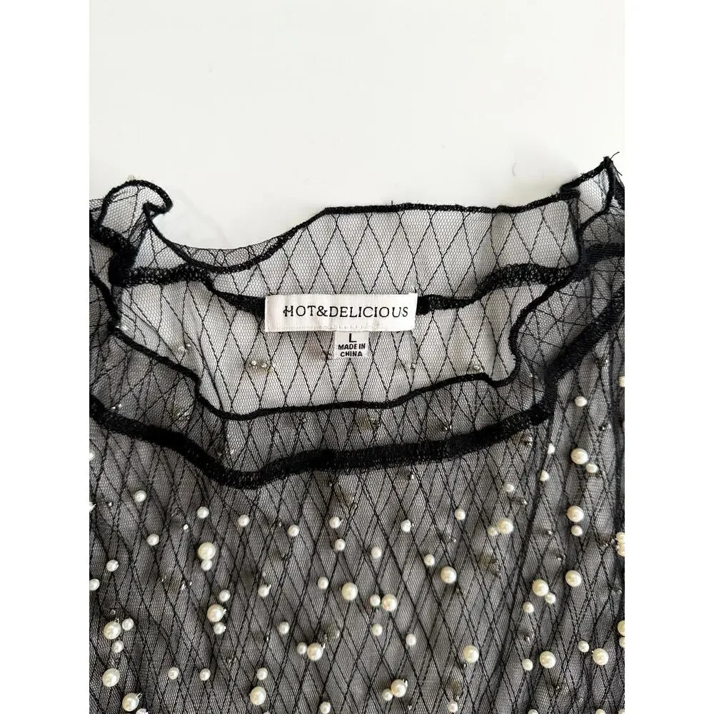Hot & Delicious Black Sheer pearl dress/cover up L - Picture 3 of 12